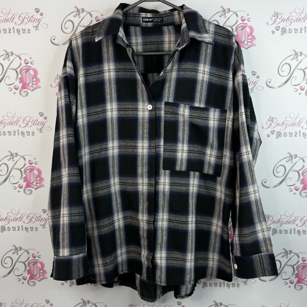 SHEIN button up long sleeve striped plaid Black and White Plaid Shirt